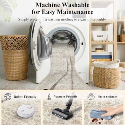 JOOJA 3x3 Beige Vintage Soft Low Pile Washable Boho Small Round Kitchen Rug
