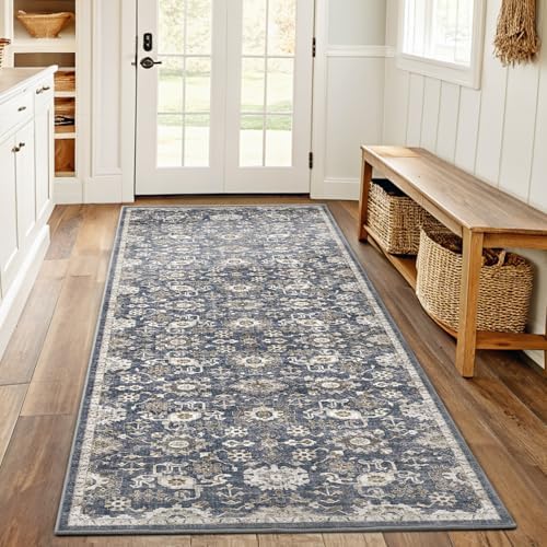 Amada 2x6 Washable Runner Rug for Kitchen and Entryway, Blue/Brown, Vintage