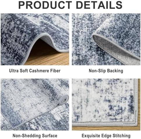 PLHXFR Area Rug Living Room: 5x7 Abstract Washable Carpet Grey Blue