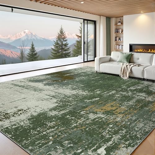 9x12 Rugs for Living Room - Modern Abstract Washable Rug, Ultra Soft Non Slip Low Pile Large Rugs, Floor Carpet for Bedroom Dining Room Office Laundry Nursery Home(Green)