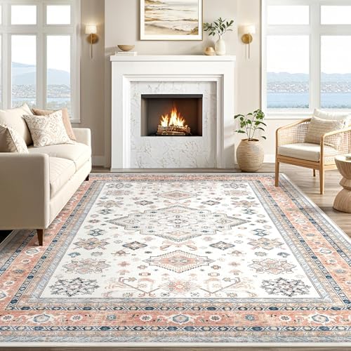 cotiled 5x7 Area Rug for Living Room, Washable, Traditional, Coral Pink