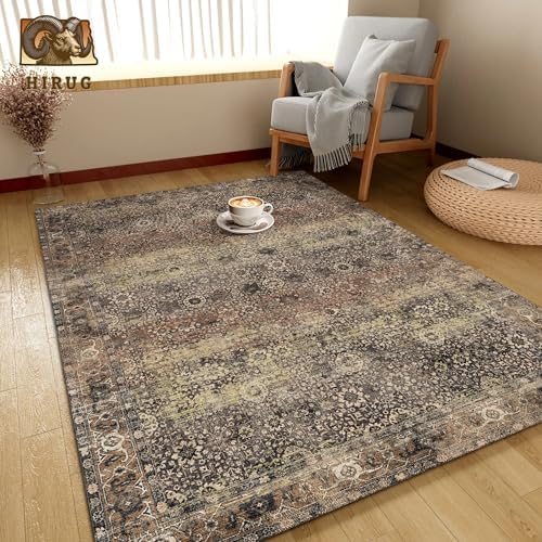 Washable Area Rug 3' x 5 ' Vintage Traditional Persian Mat - Foldable Distressed Non-Slip Machine Washable Carpet for Living Room Bedroom Kitchen Home Decor - Umber and Slate
