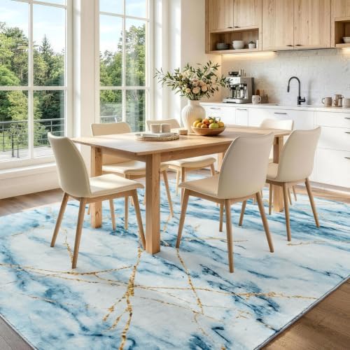 8x10 Washable Non-Slip Area Rug for Living Room (Gold Blue)