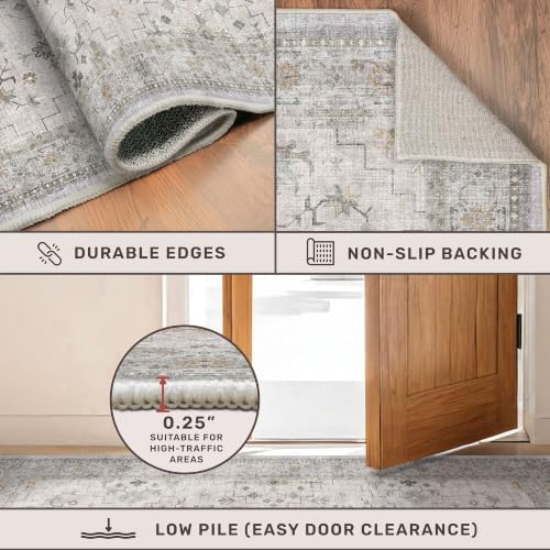 Large Light Gray & Sage 10x14 Living Room Rug - Vintage Floral Area Rug for Dining Room, Washable Low Pile Bedroom Carpet, Modern Eclectic Geometric Decor & Stain Resistance