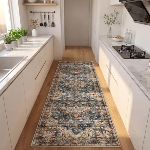 GarveeHome Washable Rug Runner 2x10 Vintage Runners for Hallways Blue&Brown
