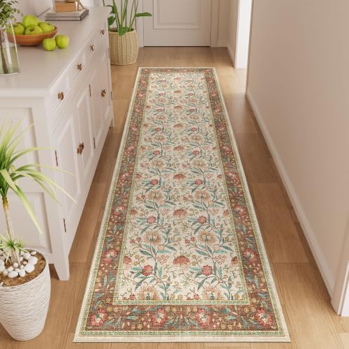 DUKINO 2x6 Runner Rug, Washable Vintage Floral Kitchen Rug, Brown