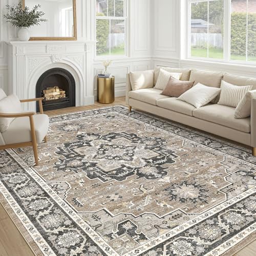 cotiled 8x10 Area Rug for Living Room, Washable, Traditional, Black Brown