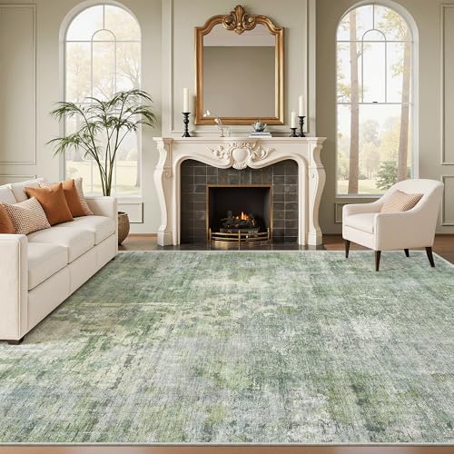 Soalmost 9x12 Area Rugs for Living Room Washable Rug Abstract Green/Ivory