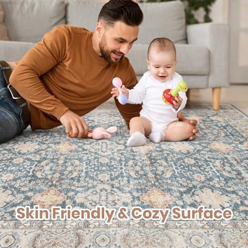 cotiled 10x12 Area Rug for Living Room, Washable, Traditional, Dark Blue