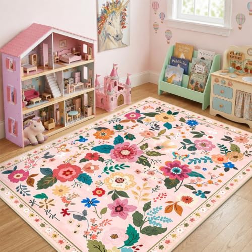 RELEANY Floral Washable 4x6 Area Rugs Pink