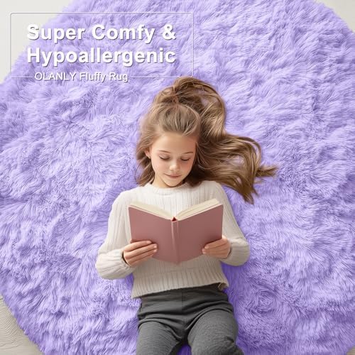 OLANLY Light Purple Round Rugs for Bedroom - Machine Washable, 8 ft Circle Area Rugs for Living Room, Soft and Fluffy Shaggy Carpet for Teen Girls and Boys, Nursery Rooms, Dorms, Home Decor Aesthetic