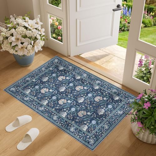 DUKINO 2x3 Rug, Washable Vintage Floral Bathroom Rugs Non Slip, Dark Blue