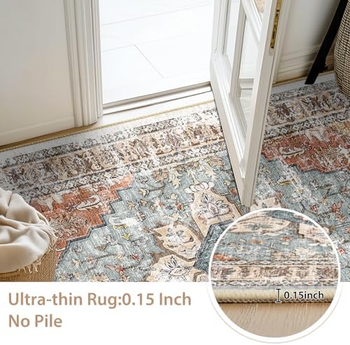 BESTSWEETIE 2x6 Area Rug Washable Rugs for Living Room, No Pile Boho Carpet for Entryway Bedroom Dinning Room, Vintage Carpet Print Distressed Non-Slip, 2 x 6 ft, Green Brick Rust Red