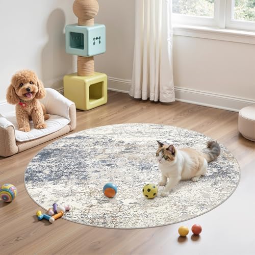DMOYEST 4ft Round Area Rug Living Room Rugs - 4x4 Washable Large Soft Indoor Neutral Modern Abstract Low Pile Rug Carpet for Bedroom Dining Room Farmhouse Home Office - Beige Blue