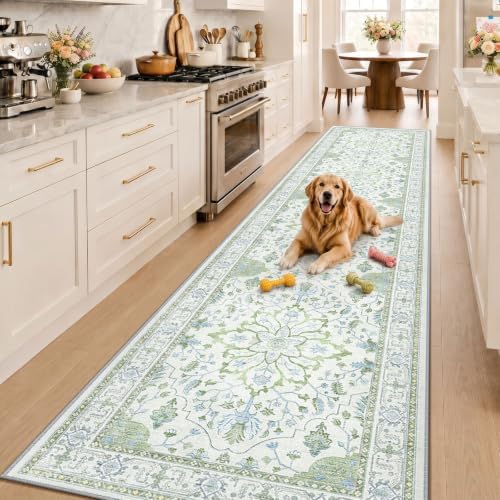 RELEANY Washable Area Rug, Runner 3'x12', Green/White/Blue