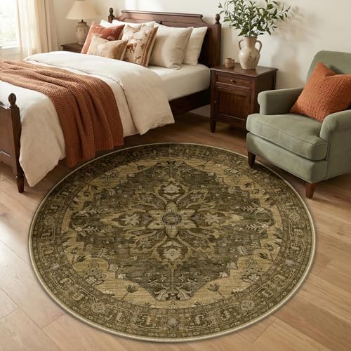 RELEANY Washable Area Rug, Round 5ft, Brown/Dark Brown