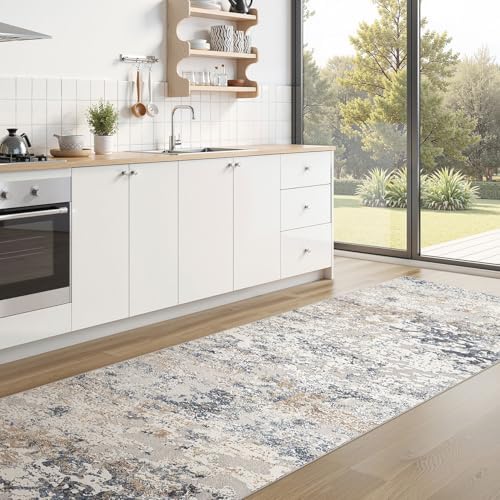 DMOYEST Washable Runner Rug for Hallway: 3x8 Neutral Modern Abstract Low Pile Area Rug with Non-Slip Backing - Carpet for Bedroom Kitchen Laundry Entryway Bathroom Indoor - Beige Blue