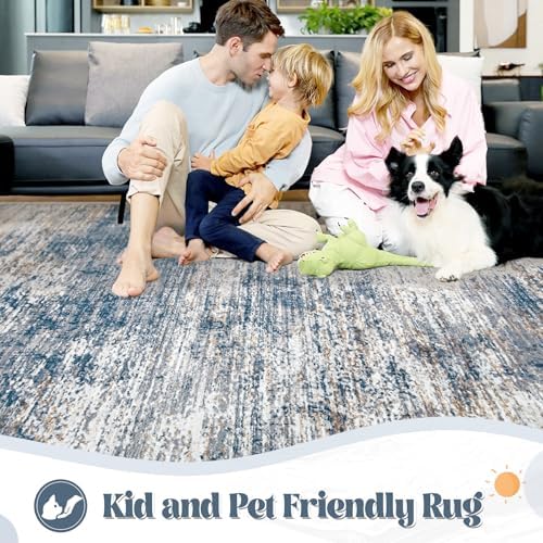 XLUEZ 6x9 Area Rugs for Living Room, Washable Modern Abstract Large Area Rug Neutral Soft Non Slip Kids Rug Stain Resistant Indoor Carpet for Bedroom Nursery Dining Room Playroom(BlueWhite, 6'x9')