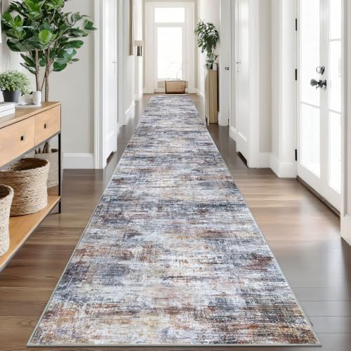 IOHOUZE Abstract Runner Rug 3x20 Ft Extra Long Washable Runners for Hallways, Non Slip Kitchen Runner Printed Faux Wool Entryway Runner Indoor, Modern Abstract Floor Carpet for Hall Stair, Orange Grey
