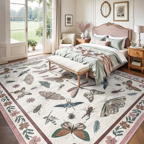 8x10 Area Rugs, Insect Ultra Soft Washable Rug Non Slip with Rubber Back, Stain Resistant Rugs for Living Room, Bedroom, Dining Room, Kids Room(Pink Butterfly)