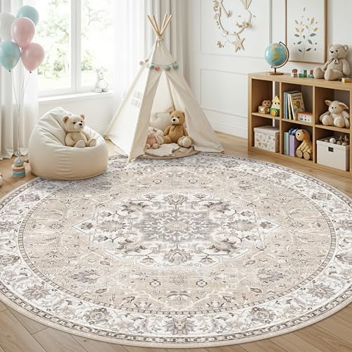Washable 6ft Circle Round Rug: 6x6 Low-Pile Circular Rug for Living Room Bedroom Cute Office Nursery Area Rug with TPR Rubber Backing Soft Stain-Resistant Carpet Bathroom Entryway Dorm(6Round，Beige)