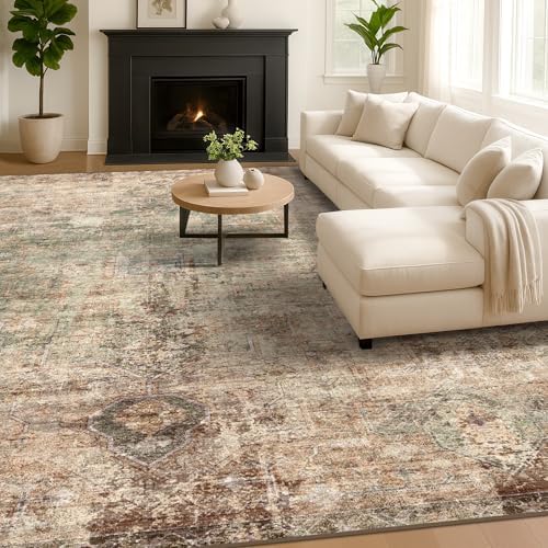 Farmhouse Floor Rugs for Living Room - Brown and Green Dining Room Area Rugs 8x10 for Bedroom, Washable, Soft, Lightweight & Stain Resistance, Neutral Dark Vintage Medallion Decor, Distressed Design