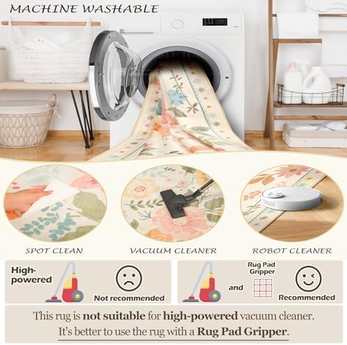RELEANY Floral Washable Square 8ft Area Rug Beige/White/Orange