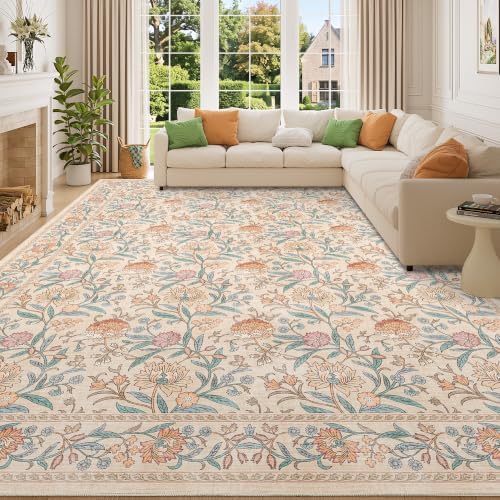 DUKINO 10x12 Area Rug for Living Room, Vintage Floral Washable Rug Beige