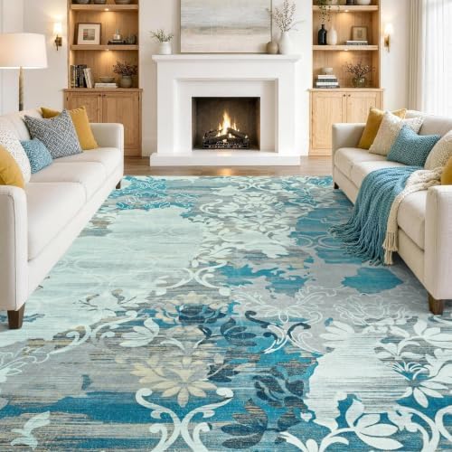 6x9 Washable Non-Slip Area Rug for Living Room (Blue)