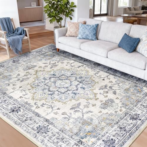 CAPALOCA 9x12 Washable Nursery Girls Low Pile Area Rug Blue White