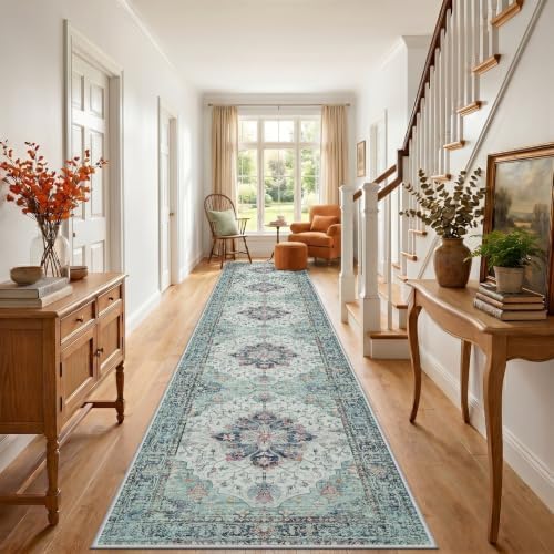 RELEANY Washable Area Rug, Runner 3'x20', Teal Green/White/Navy