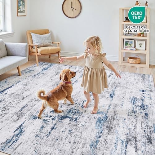 9x12 Area Rugs for Living Room Large Washable Abstract Rug White Gray Blue