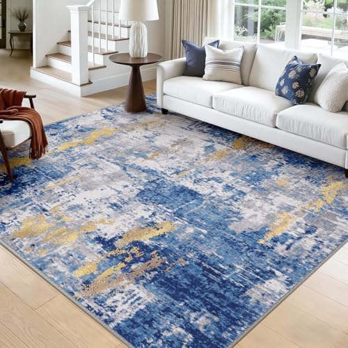 RELEANY Washable Square 9'x9' Area Rug for Living Room Blue Gold