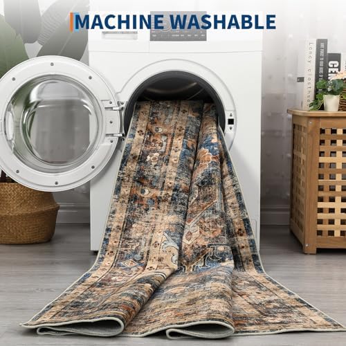 GarveeHome Washable Rug Runner 2x10 Vintage Runners for Hallways Blue&Brown