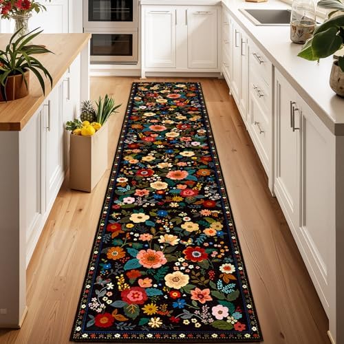 Floral Washable 2x10 Area Rugs Runner Entryway Hallway Black