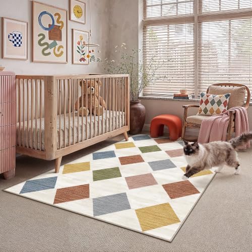 PureCozy 4x6 Washable Area Rug Kids Room Colorful Non Slip Checkered Carpet