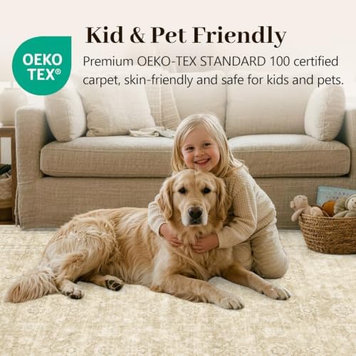 8x10 Ft Large Area Rugs for Living Room, Soft Non-Slip Machine Washable Rug, Vintage Stain Resistant Carpets for Bedroom Nursery Dining Room Home Decor (Beige)
