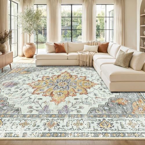 RELEANY Washable Area Rug, 8'x10', Beige/Carbon Grey/Orange