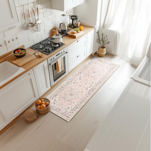 BESTSWEETIE Washable Boho 2x6 Runner Rug for Living Room, Pink Beige Grey