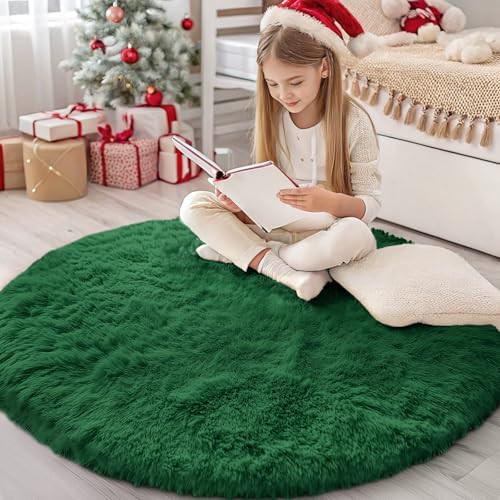 OLANLY Dark Green Round Rugs for Bedroom - Machine Washable, 4 ft Circle Area Rugs for Living Room, Soft and Fluffy Shaggy Carpet for Teen Girls and Boys, Nursery Rooms, Dorms, Home Decor Aesthetic
