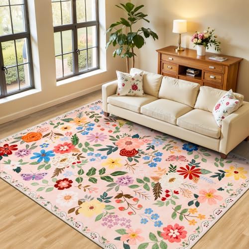 PLHXFR Area Rug Living Room: 4x6 Floral Washable Boho Soft Carpet Beige