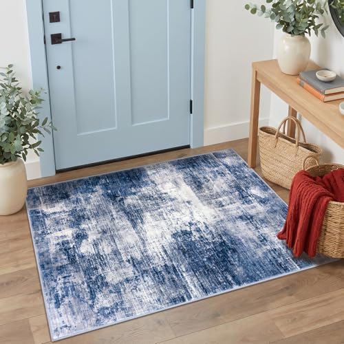 IOHOUZE Abstract Area Rug 3x4 Ft Washable Rugs for Entryway Indoor, Non Slip Kitchen Rug Printed Faux Wool Throw Rugs, Indoor Door Mat for Door Entrance Foyer Living Room, Navy/Grey
