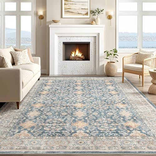 cotiled 10x12 Area Rug for Living Room, Washable, Traditional, Dark Blue
