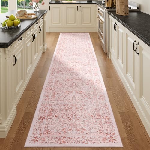 DUKINO 2x10 Runner Rug, Washable Vintage Floral Kitchen Rug, Pink