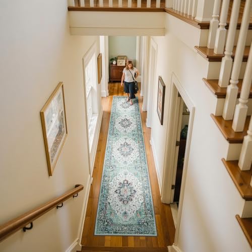 RELEANY Washable Area Rug, Runner 2'x10', Teal Green/White/Navy