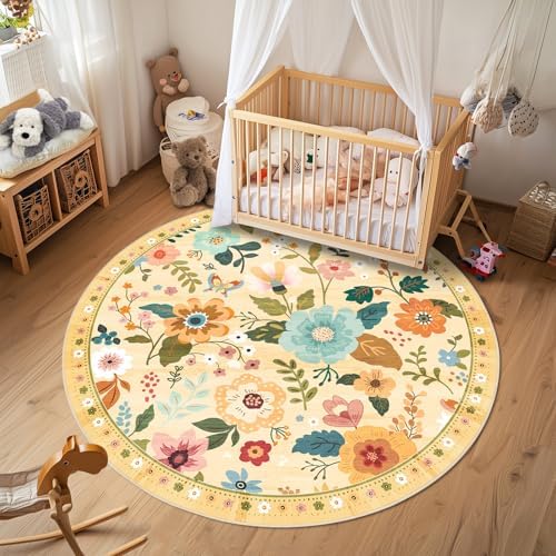 RELEANY Floral Washable Round 6ft Area Rug Yellow/Orange