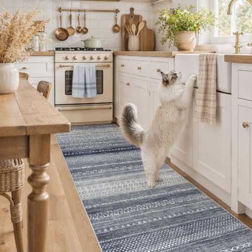 Nakagishi Boho 2x6 Runner Rug Machine Washable Rugs Non Slip Denim Blue