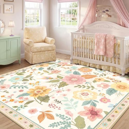 RELEANY Floral Washable Square 8ft Area Rug Beige/White/Orange