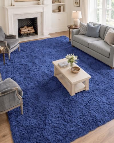 OLANLY 7x8 Machine Washable Large Area Rugs for Living Room, Bedroom, Soft Fluffy Shaggy Bedside Rug, Indoor Floor Carpet for Kids Girls and Boys, Dorms, Nursery, Home Decor Aesthetic, Navy Blue