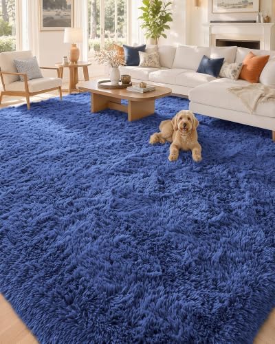 OLANLY 7x8 Machine Washable Large Area Rugs for Living Room, Bedroom, Soft Fluffy Shaggy Bedside Rug, Indoor Floor Carpet for Kids Girls and Boys, Dorms, Nursery, Home Decor Aesthetic, Navy Blue